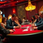 The excitement of high-stakes poker at https://luckywin.name with elegant players engaged at a luxurious casino table.