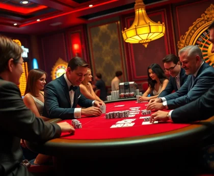 The excitement of high-stakes poker at https://luckywin.name with elegant players engaged at a luxurious casino table.