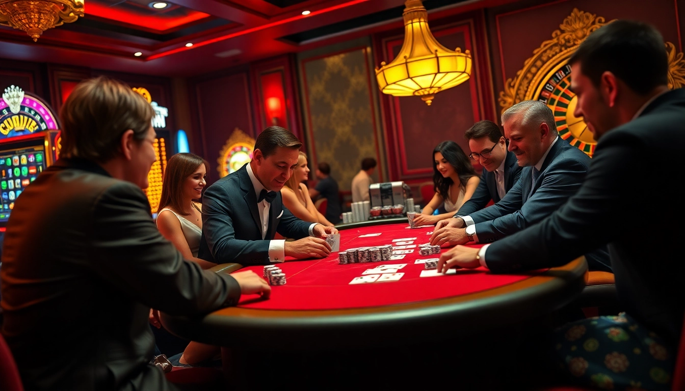 The excitement of high-stakes poker at https://luckywin.name with elegant players engaged at a luxurious casino table.
