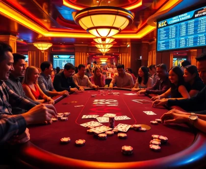 KJC gaming table showcasing poker chips and cards in a vibrant casino atmosphere