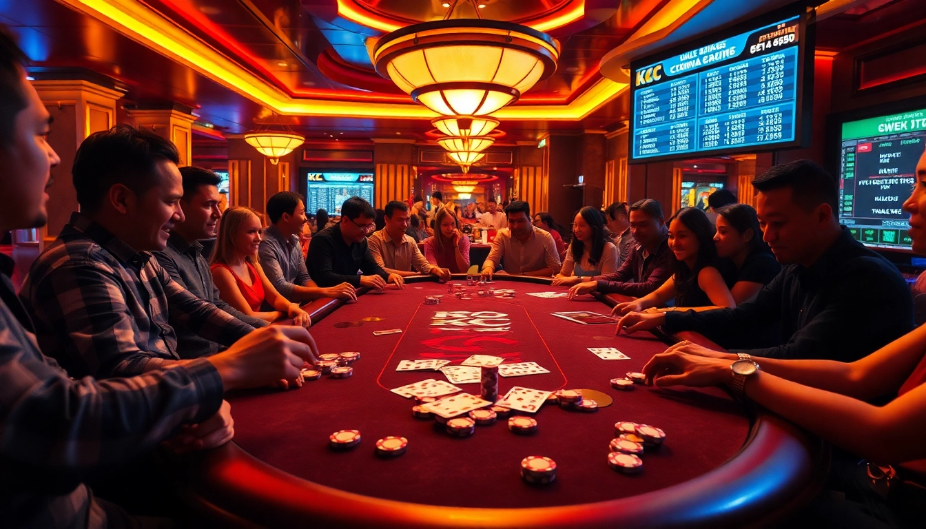 KJC gaming table showcasing poker chips and cards in a vibrant casino atmosphere