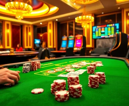 Track pengeluaran china with excitement at a vibrant casino poker table filled with chips.