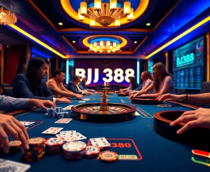 Players placing bets with BJ388 while enjoying a luxurious casino atmosphere.