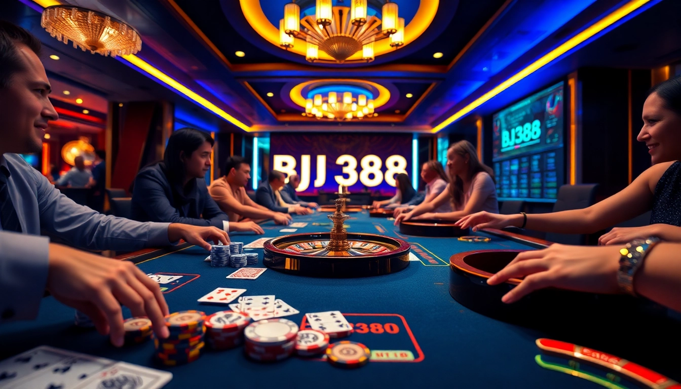 Players placing bets with BJ388 while enjoying a luxurious casino atmosphere.