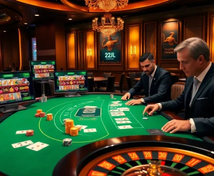 Engaging poker players at a casino table highlighted by the 22JL online gambling interface.