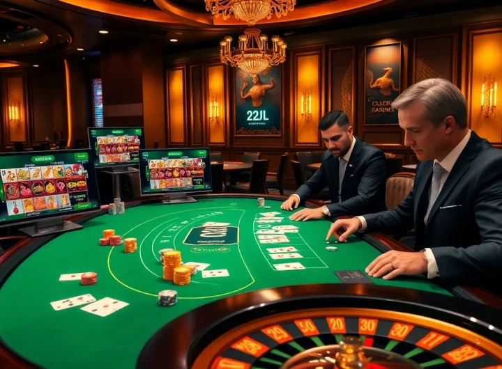 Engaging poker players at a casino table highlighted by the 22JL online gambling interface.