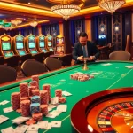 Cảnh sòng bạc hấp dẫn với các yếu tố BetVIP bao gồm chip poker, bài và bánh xe roulette quay.