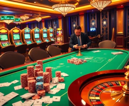 Cảnh sòng bạc hấp dẫn với các yếu tố BetVIP bao gồm chip poker, bài và bánh xe roulette quay.