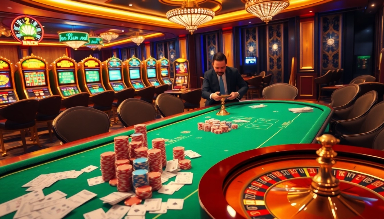 Cảnh sòng bạc hấp dẫn với các yếu tố BetVIP bao gồm chip poker, bài và bánh xe roulette quay.