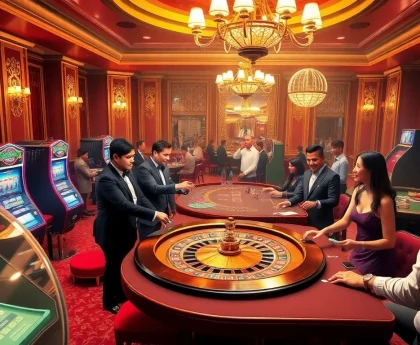 Experience the excitement of kerajaanslot gaming at a luxurious casino with vibrant tables and thrilled players.