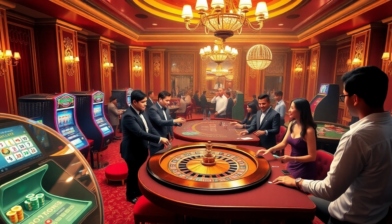 Experience the excitement of kerajaanslot gaming at a luxurious casino with vibrant tables and thrilled players.