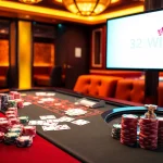 Experience the excitement of casino gaming with 32WIN: roulette wheel and poker chips in a luxurious setting.