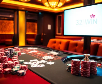 Experience the excitement of casino gaming with 32WIN: roulette wheel and poker chips in a luxurious setting.
