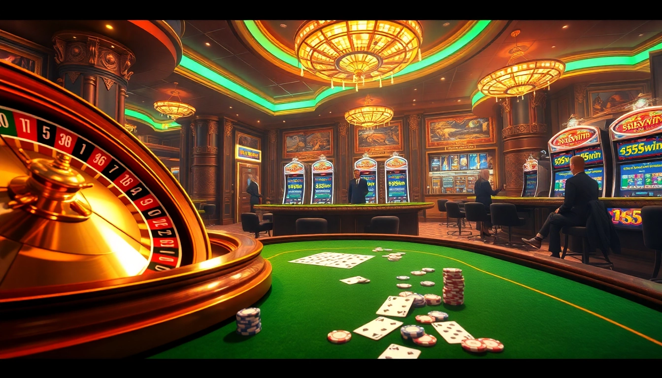 Players enjoying thrilling casino games at 555win featuring roulette, poker, and slot machines.