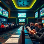 Excited gamblers analyzing kèo bóng đá odds in a vibrant sportsbook setting.