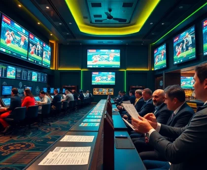 Excited gamblers analyzing kèo bóng đá odds in a vibrant sportsbook setting.