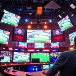 Engaged host in a vibrant sports broadcasting studio showcasing live events.