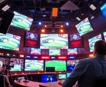 Engaged host in a vibrant sports broadcasting studio showcasing live events.