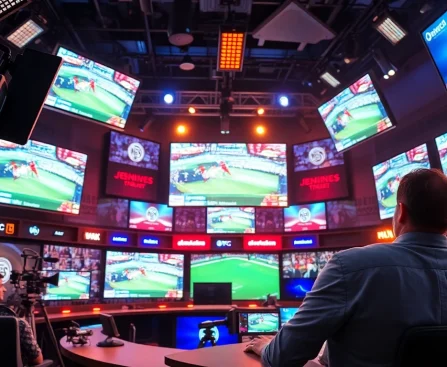 Engaged host in a vibrant sports broadcasting studio showcasing live events.