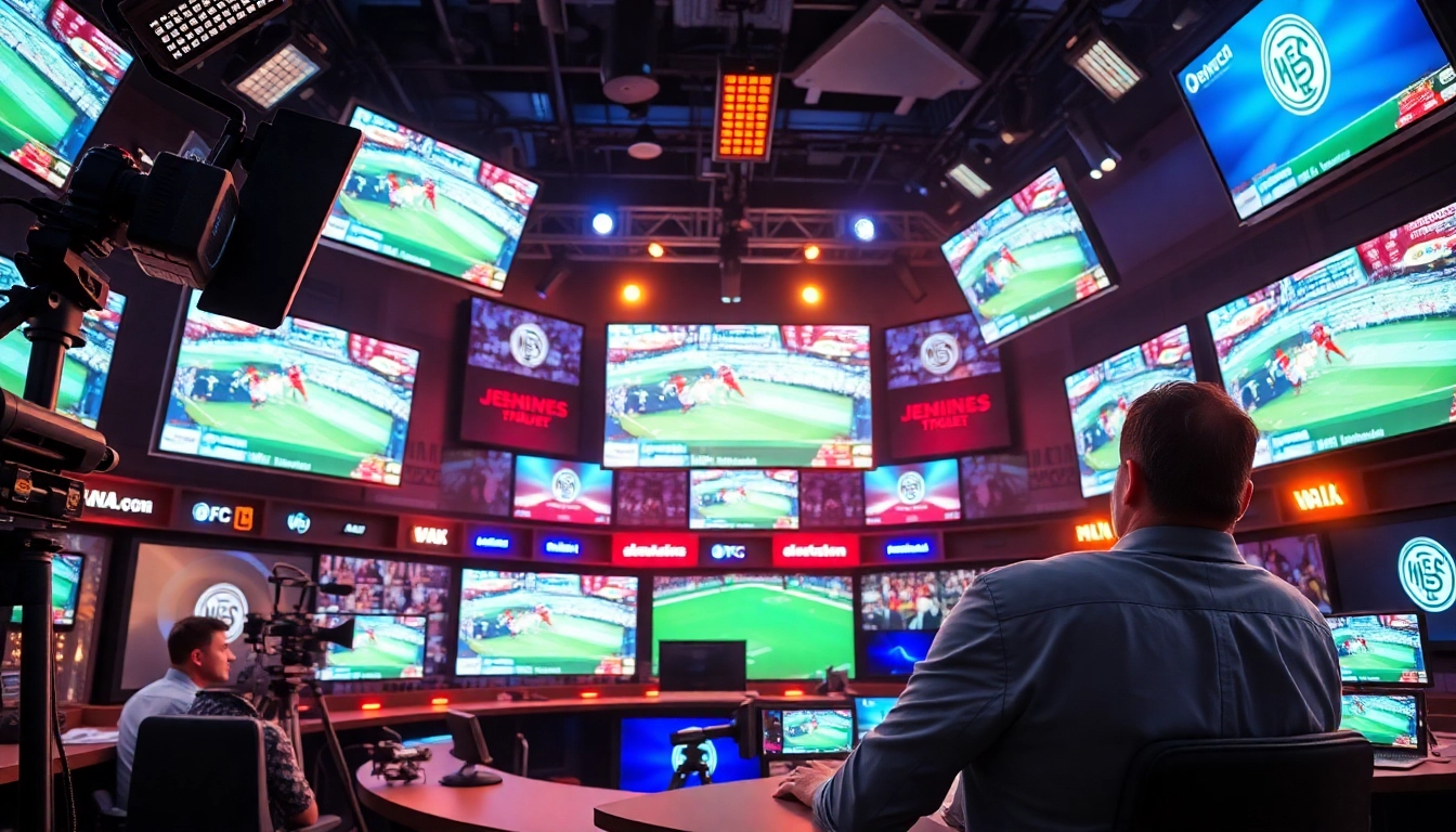 Engaged host in a vibrant sports broadcasting studio showcasing live events.