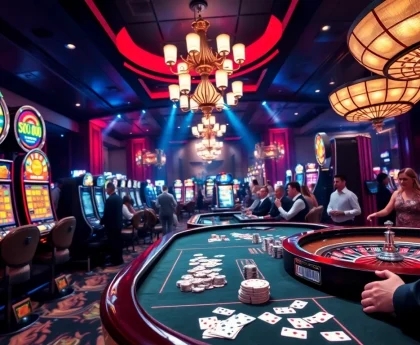 Play exciting games at https://tr88.work/, featuring vibrant slot machines and a lively poker table.