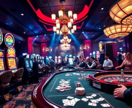 Play exciting games at https://tr88.work/, featuring vibrant slot machines and a lively poker table.