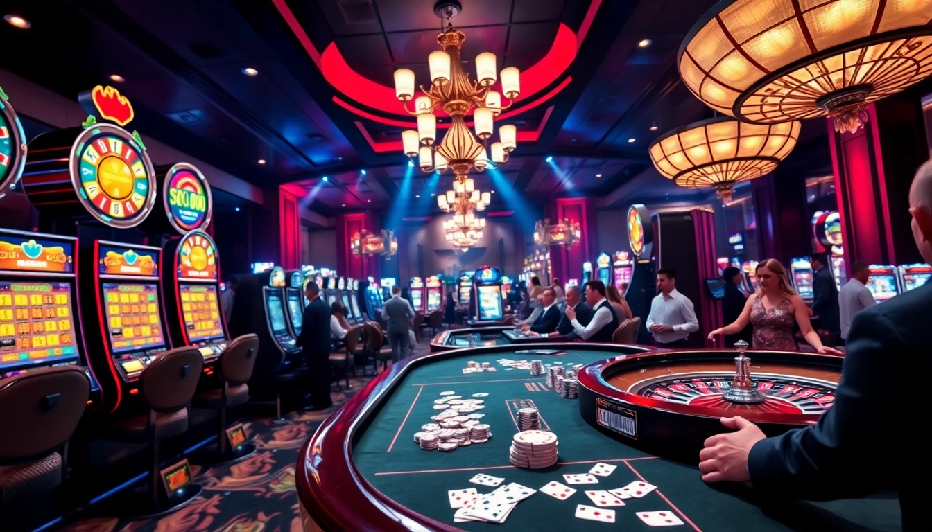 Play exciting games at https://tr88.work/, featuring vibrant slot machines and a lively poker table.