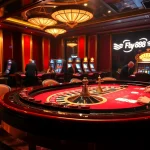 Players enjoying high-stakes poker and roulette with FLY88 branding in a luxurious casino setting.