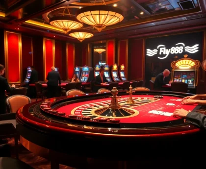 Players enjoying high-stakes poker and roulette with FLY88 branding in a luxurious casino setting.