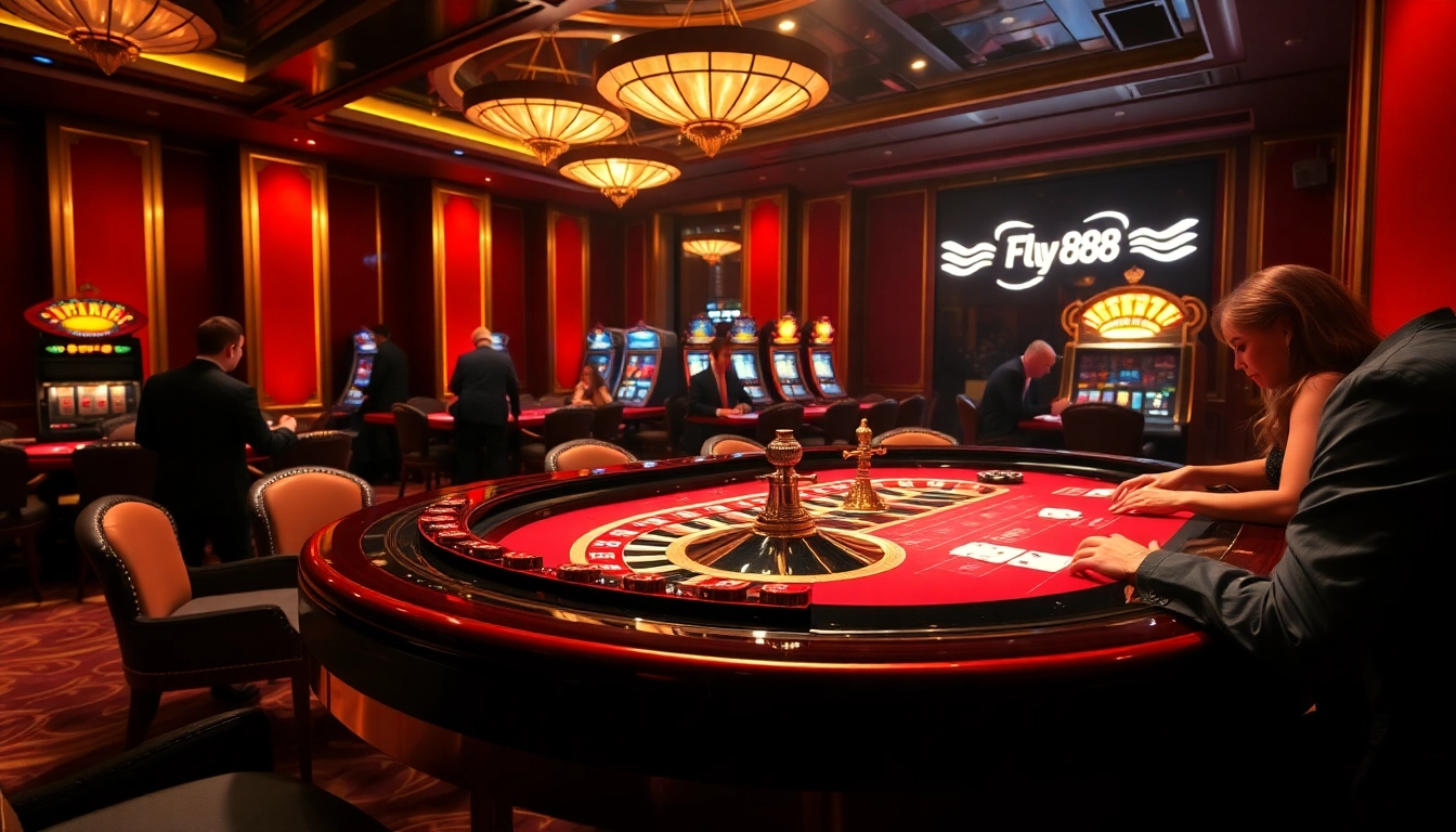 Players enjoying high-stakes poker and roulette with FLY88 branding in a luxurious casino setting.