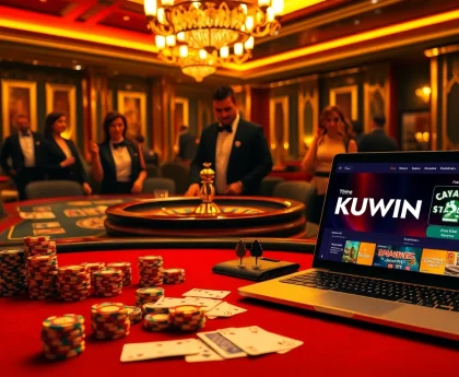 Experience the excitement of KUWIN at a vibrant casino table with poker chips and a roulette wheel.