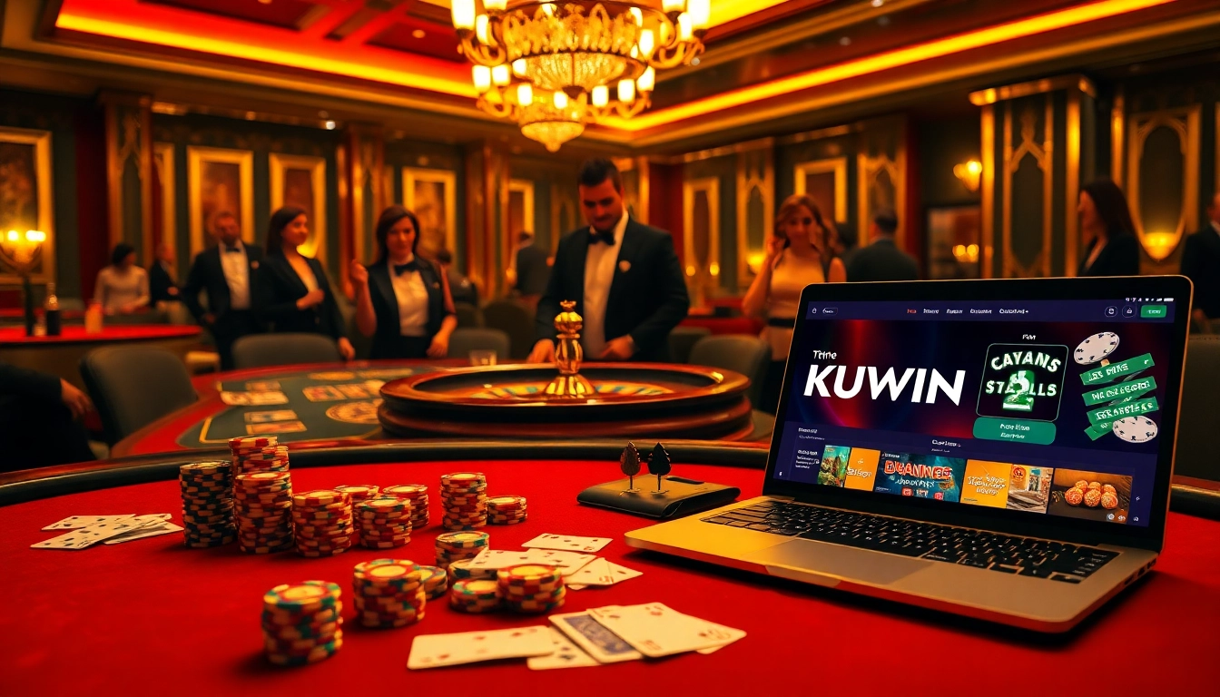 Experience the excitement of KUWIN at a vibrant casino table with poker chips and a roulette wheel.