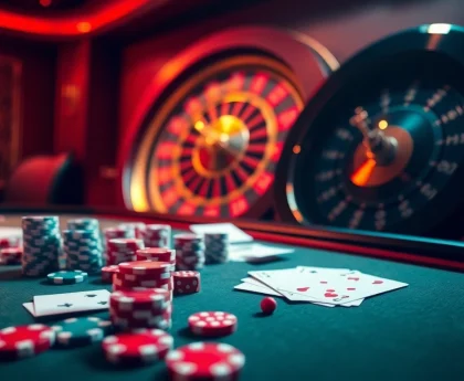 Experience RR88's vibrant casino atmosphere filled with poker chips, cards, and a spinning roulette wheel.