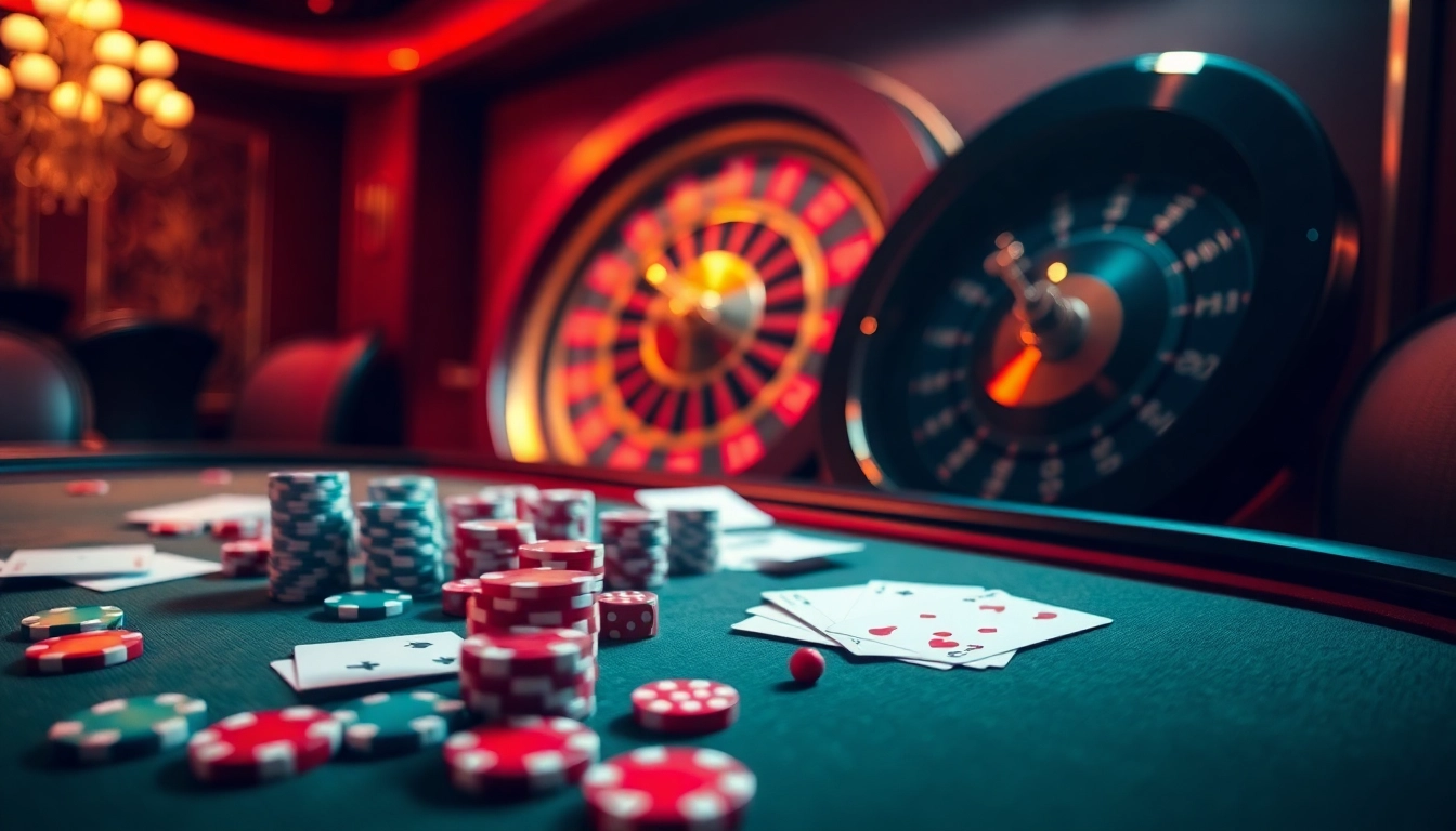 Experience RR88's vibrant casino atmosphere filled with poker chips, cards, and a spinning roulette wheel.