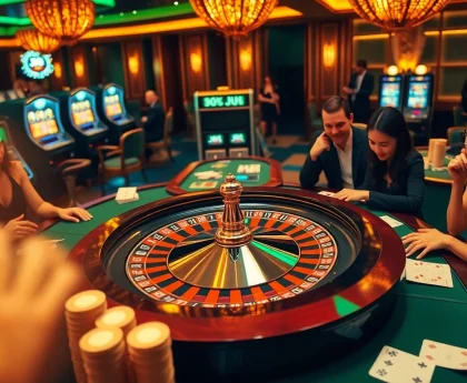 Players enjoying a thrilling casino experience featuring J88 branding on poker chips and betting tables.