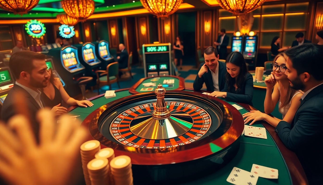 Players enjoying a thrilling casino experience featuring J88 branding on poker chips and betting tables.