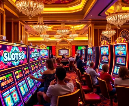 Players enjoying the SLOTS8 experience at a vibrant casino with engaging slot machines.