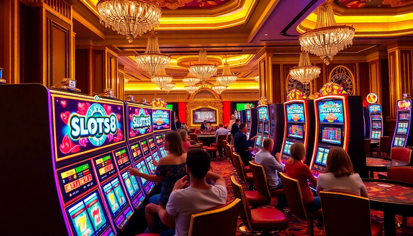 Players enjoying the SLOTS8 experience at a vibrant casino with engaging slot machines.