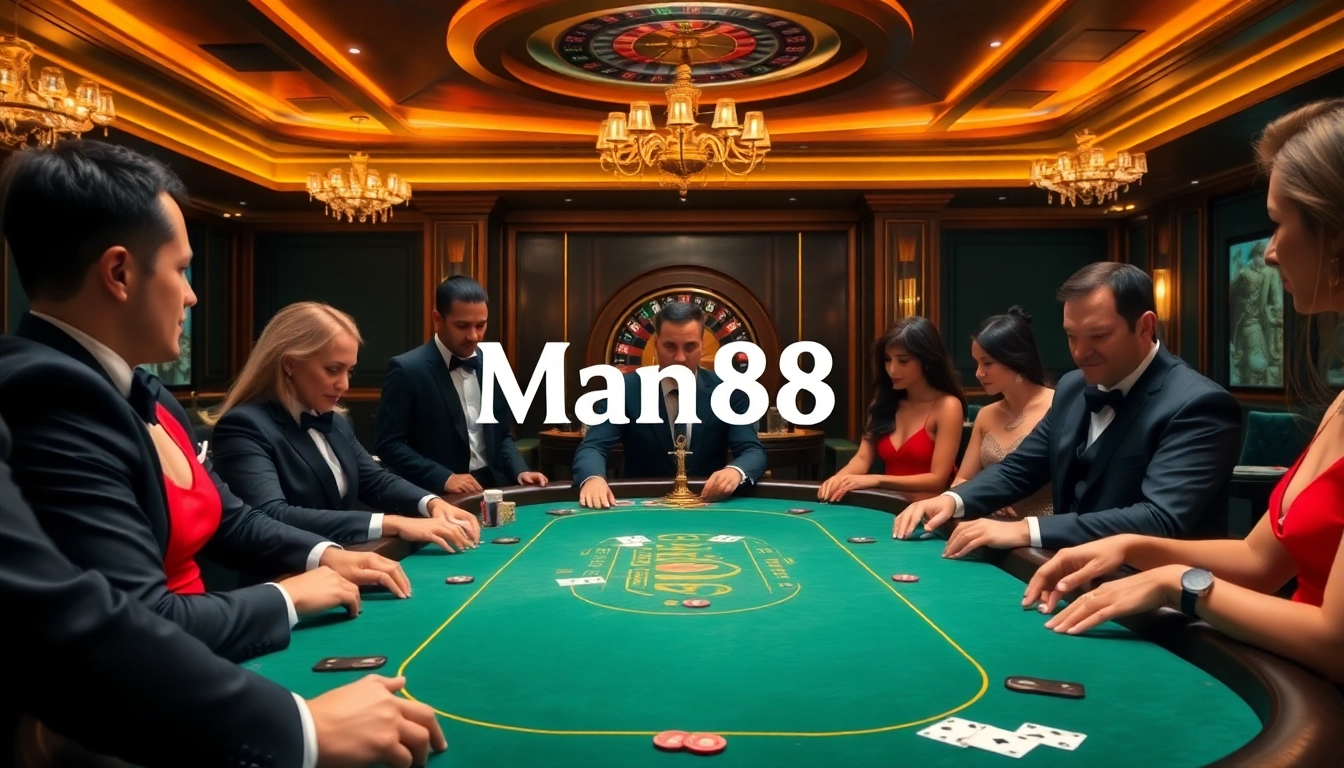 Experience thrilling gameplay at Man88's luxurious casino tables with vibrant poker action.