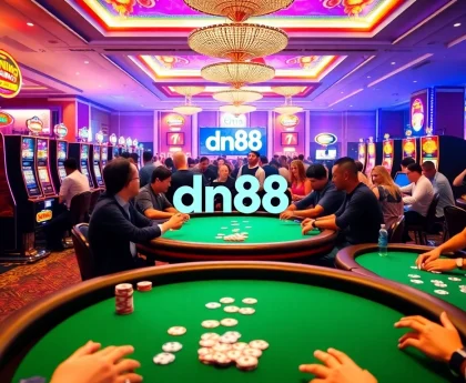 Players engaging with slot machines in a vibrant casino scene, highlighting the thrilling essence of gambling at dn88.