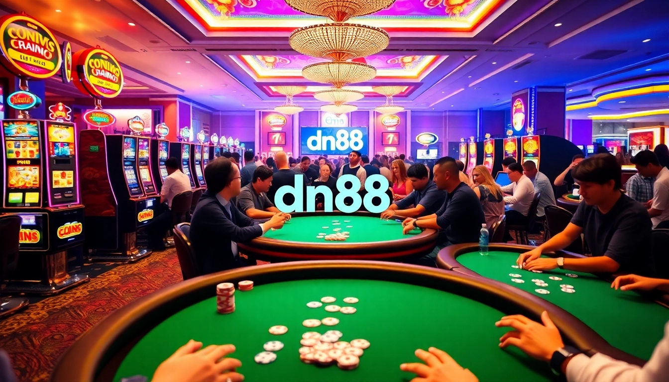 Players engaging with slot machines in a vibrant casino scene, highlighting the thrilling essence of gambling at dn88.