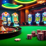 An elegant casino scene showcasing online gambling at https://okwin.blog/ with roulette, poker chips, and slot machines.