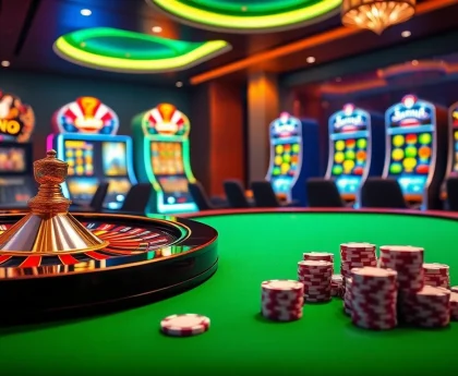 An elegant casino scene showcasing online gambling at https://okwin.blog/ with roulette, poker chips, and slot machines.