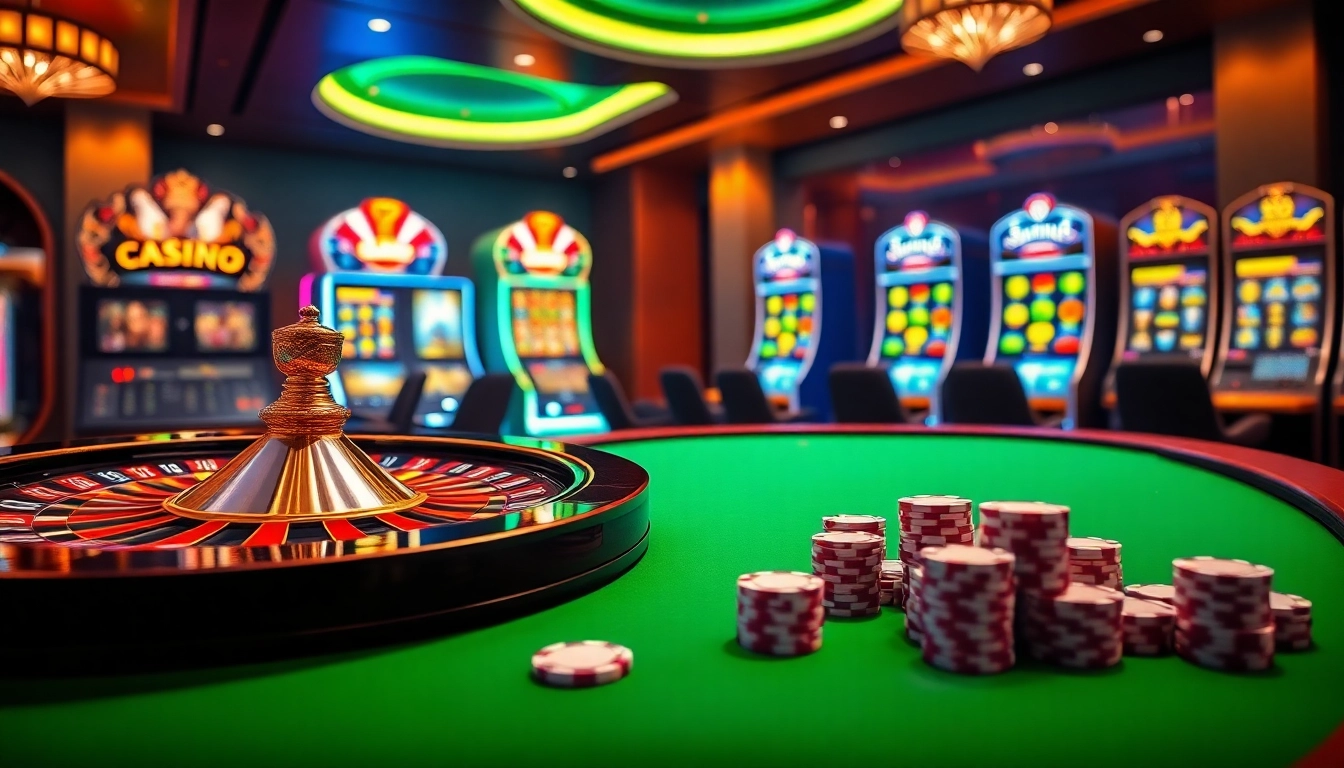 An elegant casino scene showcasing online gambling at https://okwin.blog/ with roulette, poker chips, and slot machines.