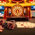 Players enjoying various games at nhà cái 789club, showcasing poker chips and a roulette wheel.