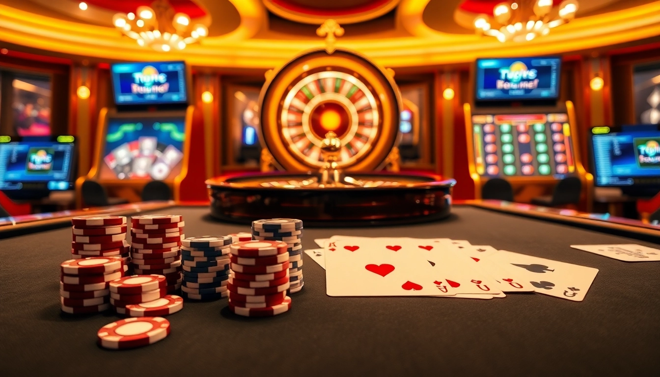 Players enjoying various games at nhà cái 789club, showcasing poker chips and a roulette wheel.