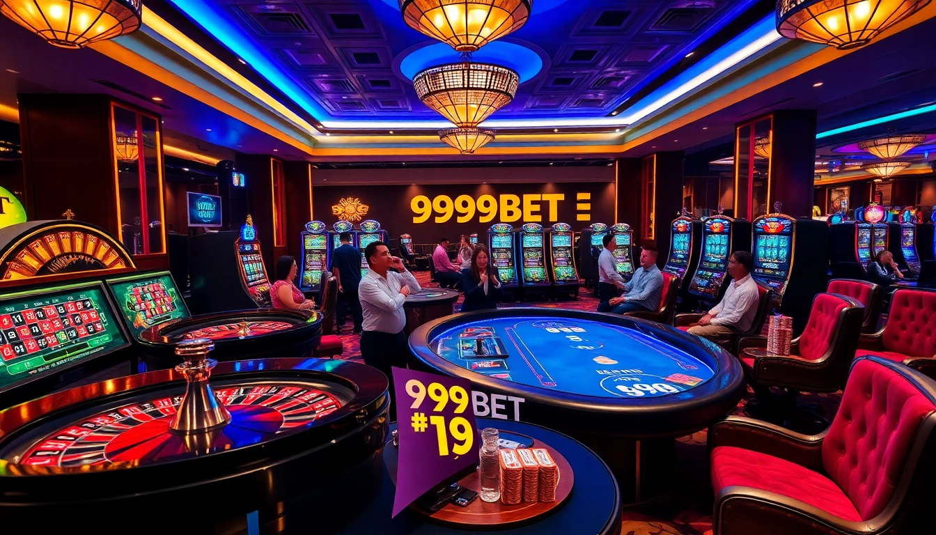 Experience the excitement of 999BET with vibrant casino elements like roulette wheels and poker tables.