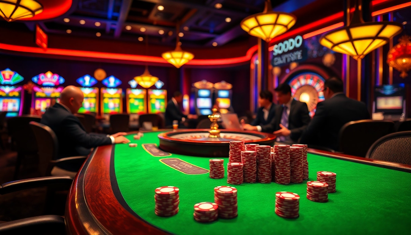 SODO casino scene showcasing players at a poker table with slot machines and roulette wheel, embodying excitement.