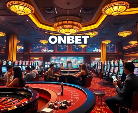 ONBET showcases a vibrant online casino scene with players enjoying poker and roulette in a luxurious setting.