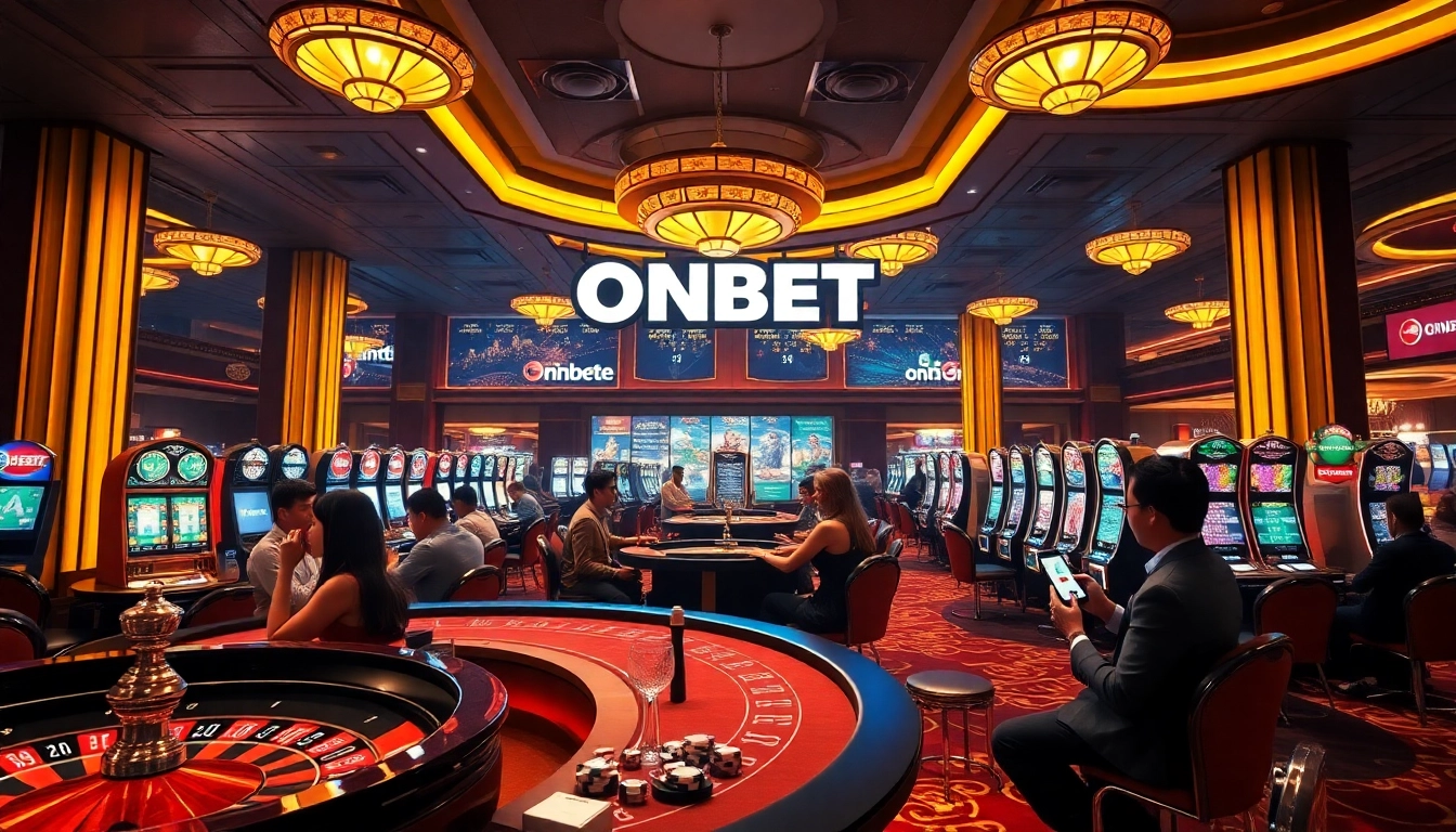 ONBET showcases a vibrant online casino scene with players enjoying poker and roulette in a luxurious setting.